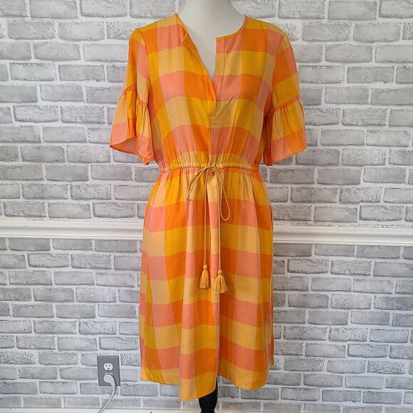 Ann Taylor Orange Peach Plaid Dress Tassels Retro NWOT Relaxed Casual Medium - Picture 1 of 7